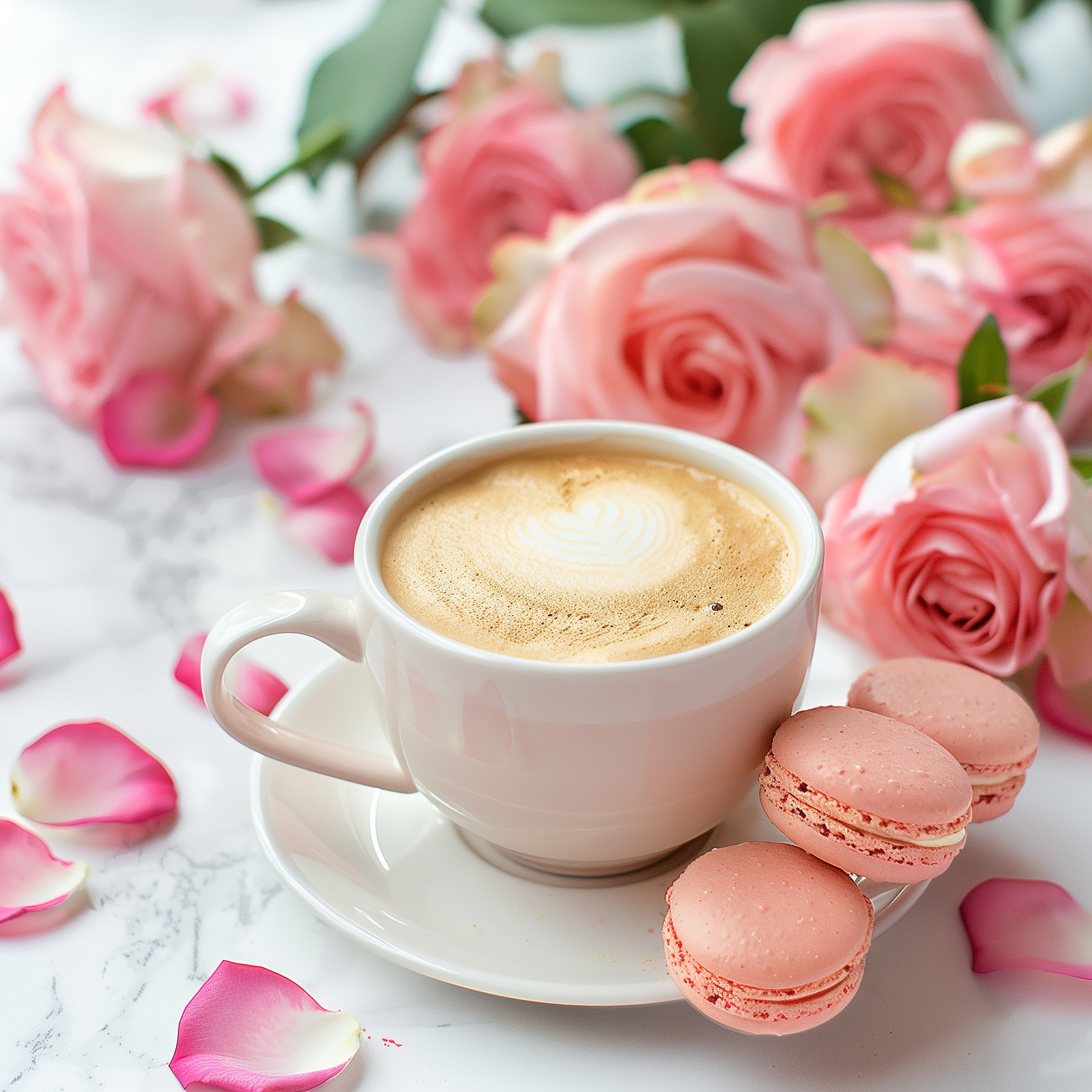 Cup of coffee and pink roses