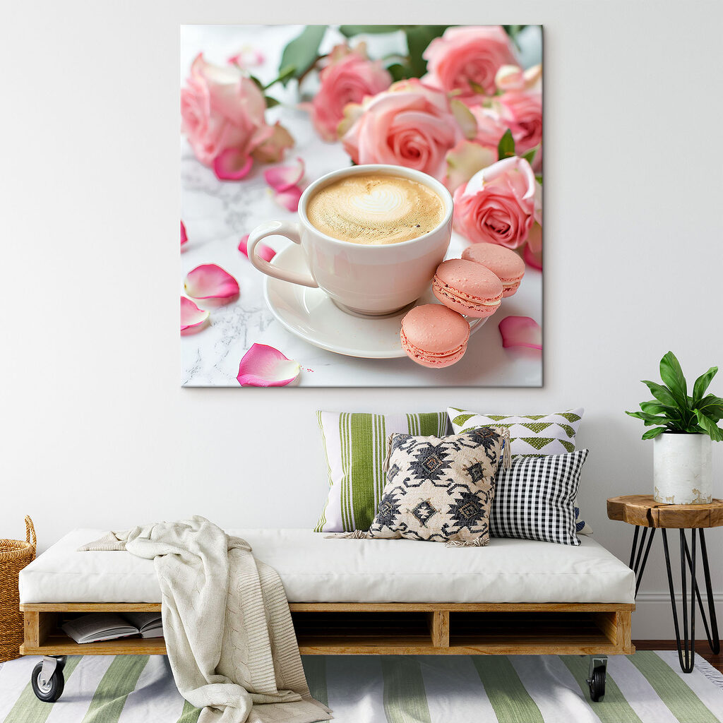 Cup of coffee and pink roses