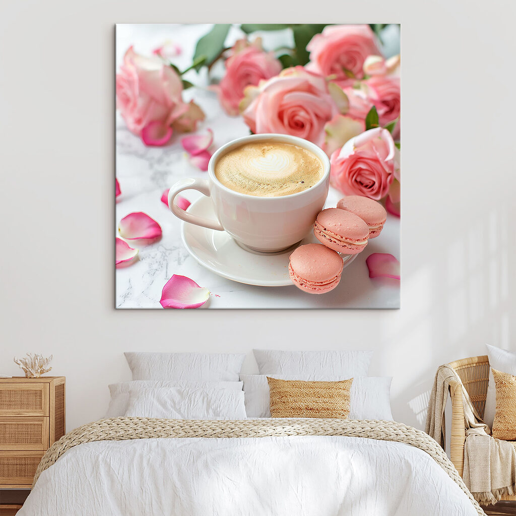 Cup of coffee and pink roses