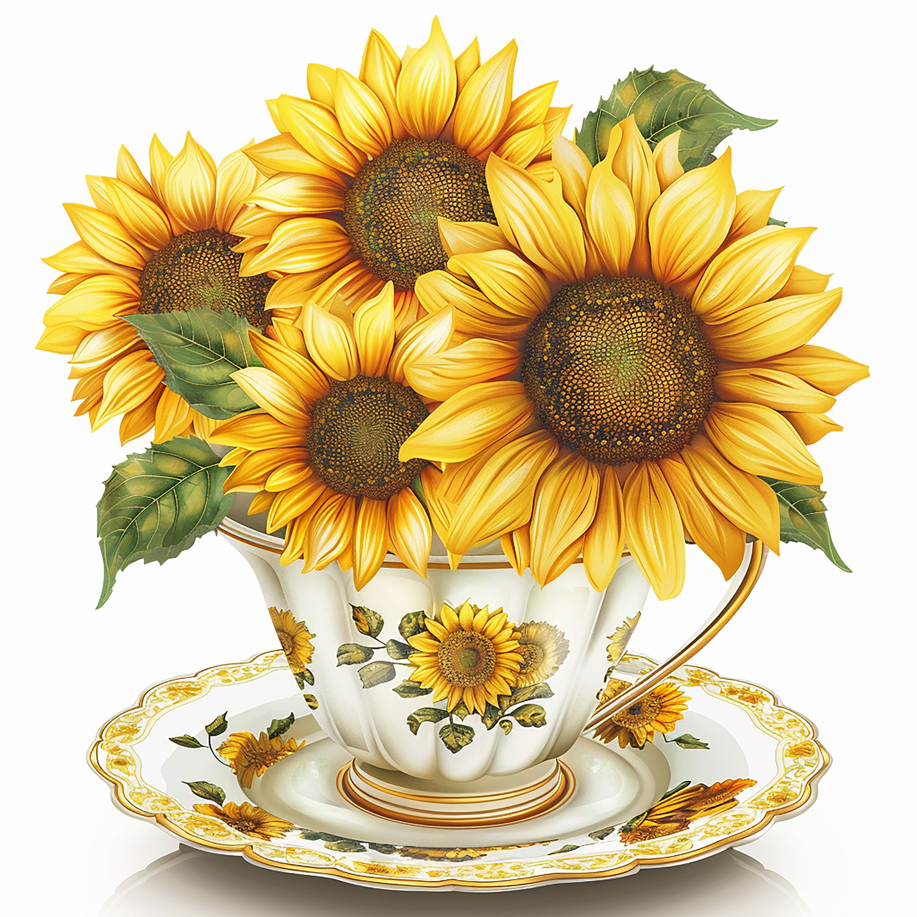 Painting of sunflowers in a teacup