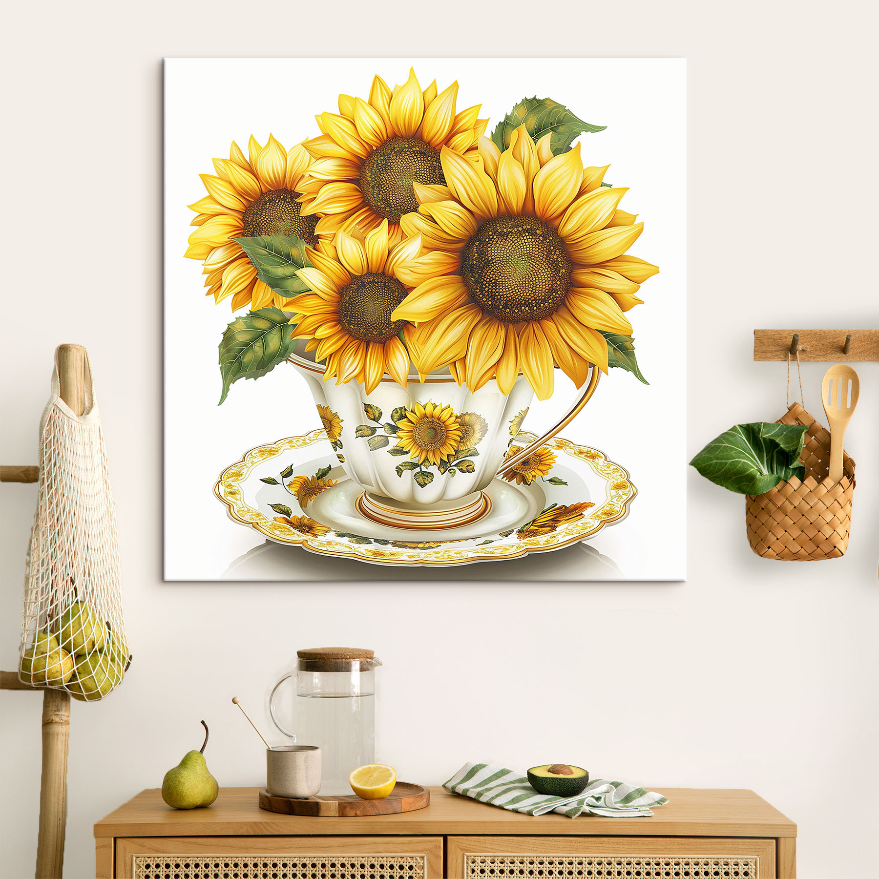 Painting of sunflowers in a teacup