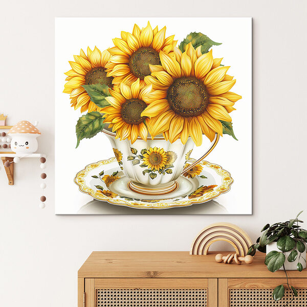 Painting of sunflowers in a teacup