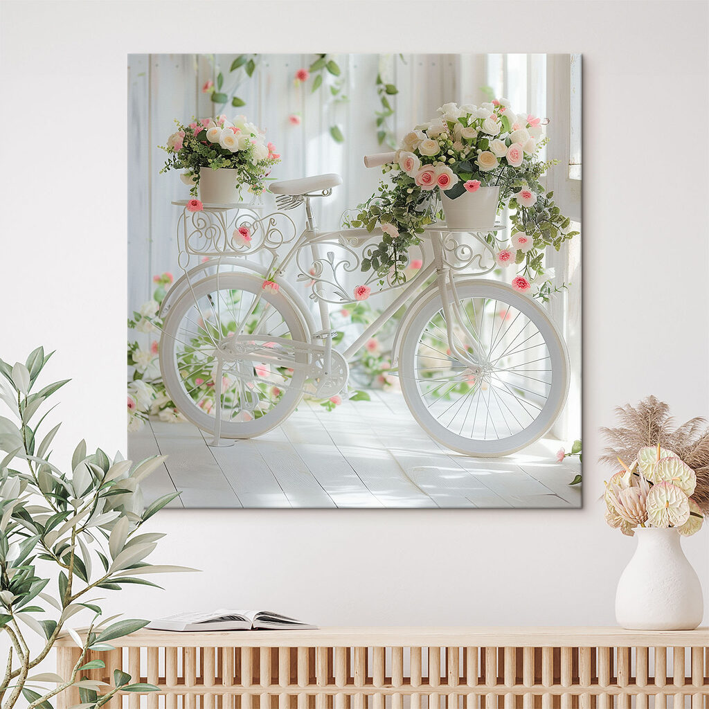 White bicycle with flowers on it White bicycle with flowers on it