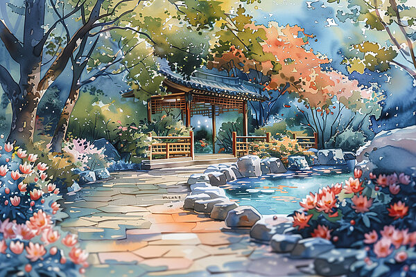 Watercolor painting of a path with a bridge and trees