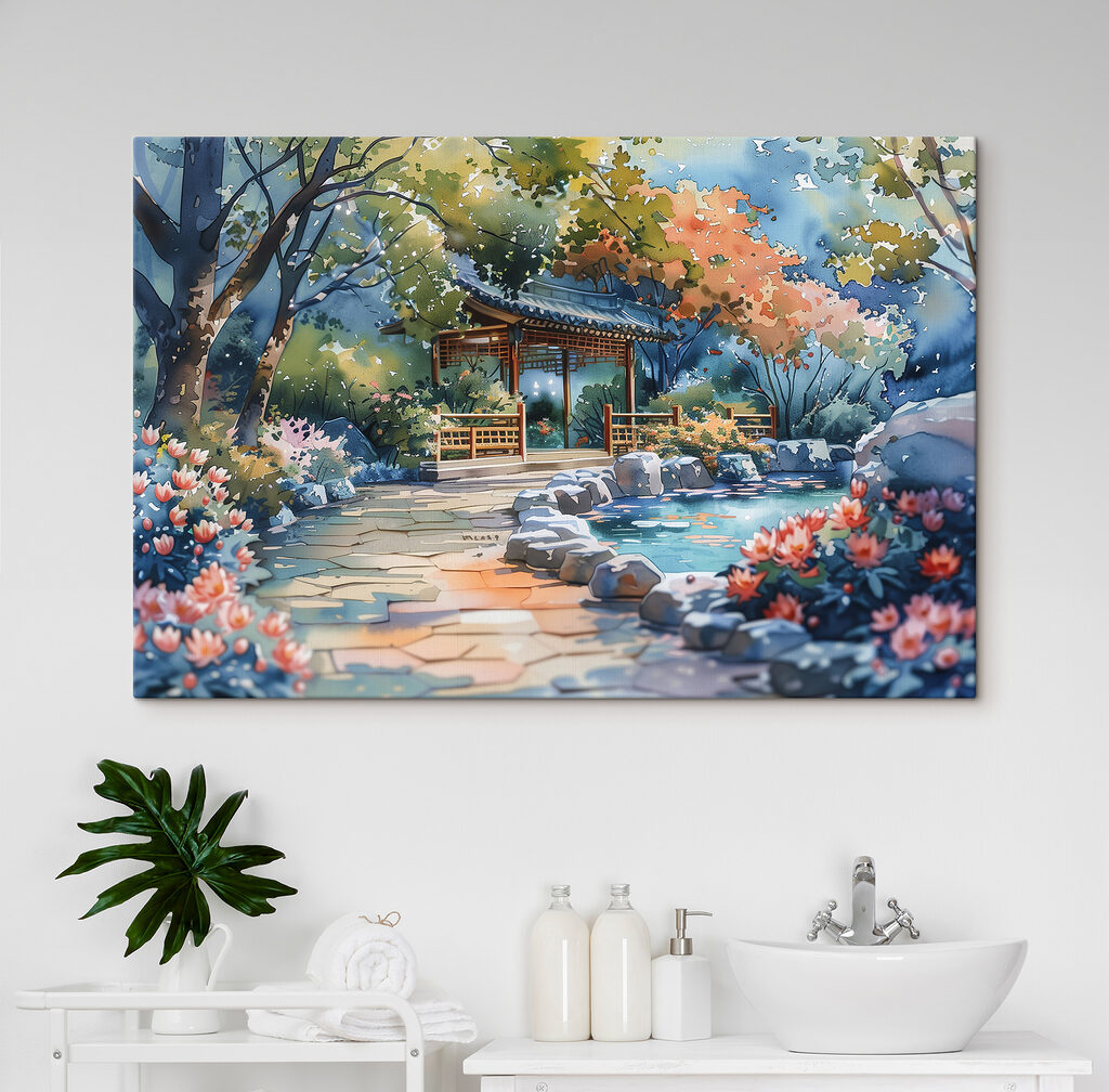 Watercolor painting of a path with a bridge and trees