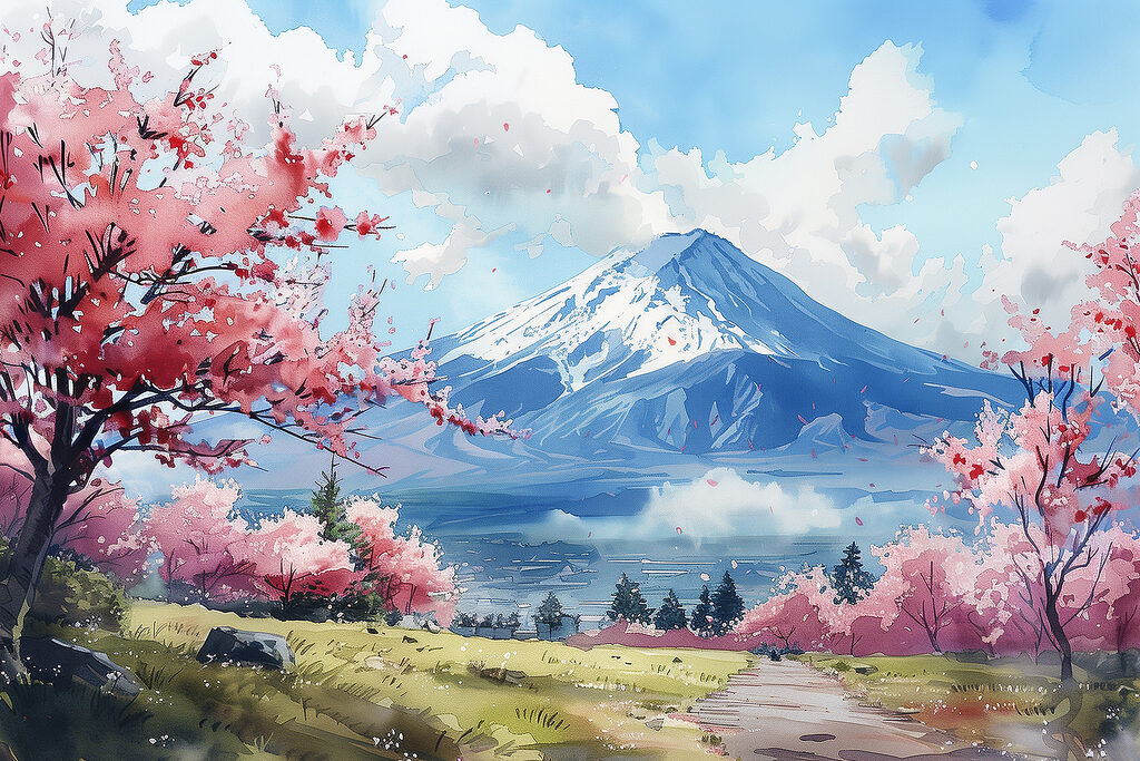 Mount Fuji with pink flowers Mount Fuji with pink flowers