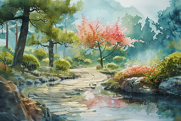 Watercolor painting of a river with trees and bushes