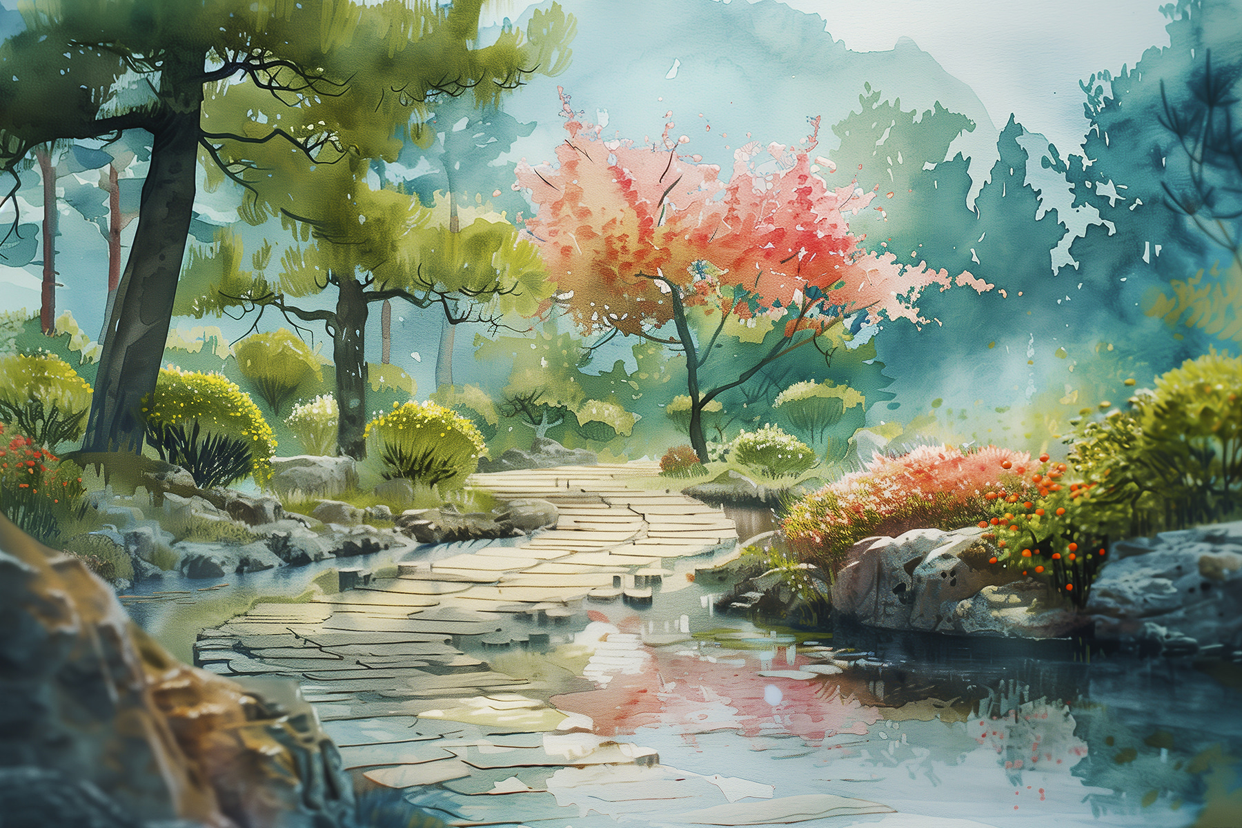 Watercolor painting of a river with trees and bushes