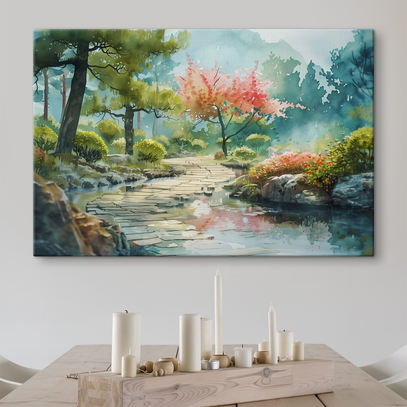 Watercolor painting of a river with trees and bushes