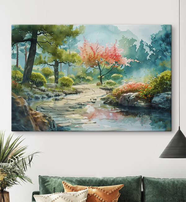 Watercolor painting of a river with trees and bushes
