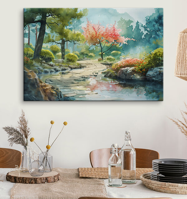Watercolor painting of a river with trees and bushes