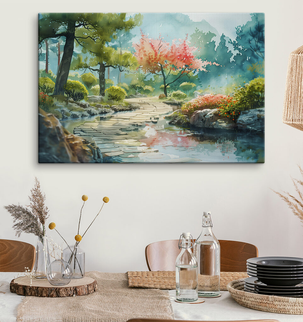 Watercolor painting of a river with trees and bushes