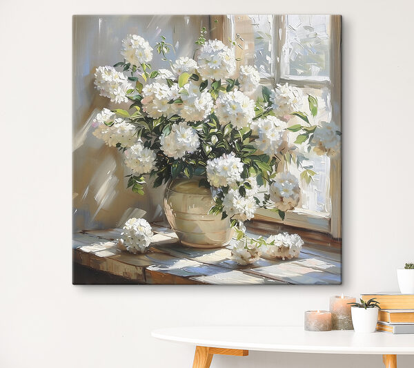 Quadri Vaso di fiori bianchi davanti a una finestra