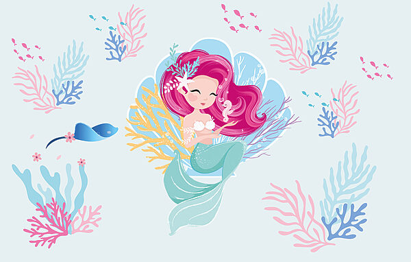 Sirena dei cartoni animati con capelli rosa e cavalluccio marino Sirena dei cartoni animati con capelli rosa e cavalluccio marino