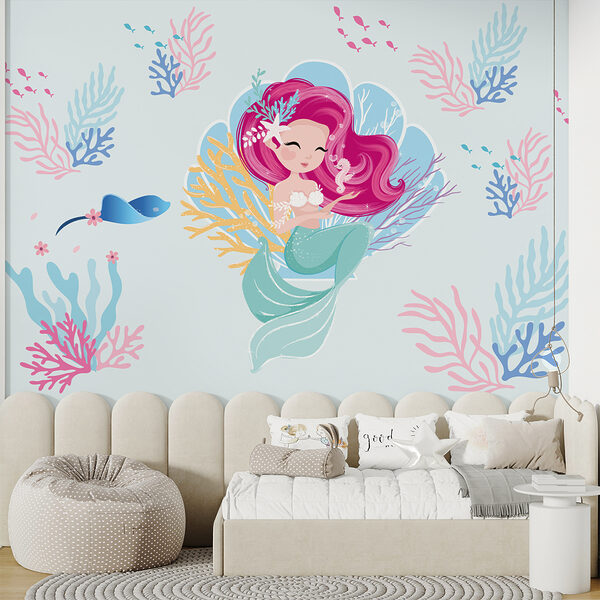 Sirena dei cartoni animati con capelli rosa e cavalluccio marino Sirena dei cartoni animati con capelli rosa e cavalluccio marino