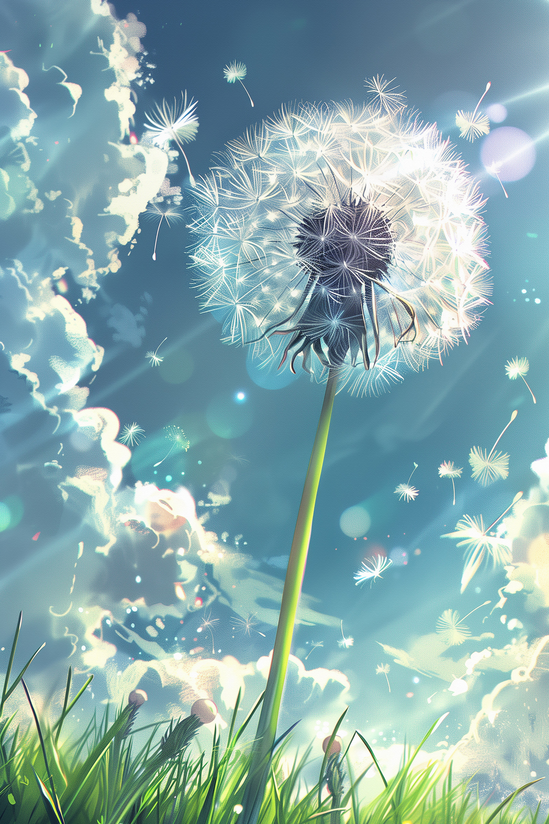 Dandelion with a blue sky and clouds