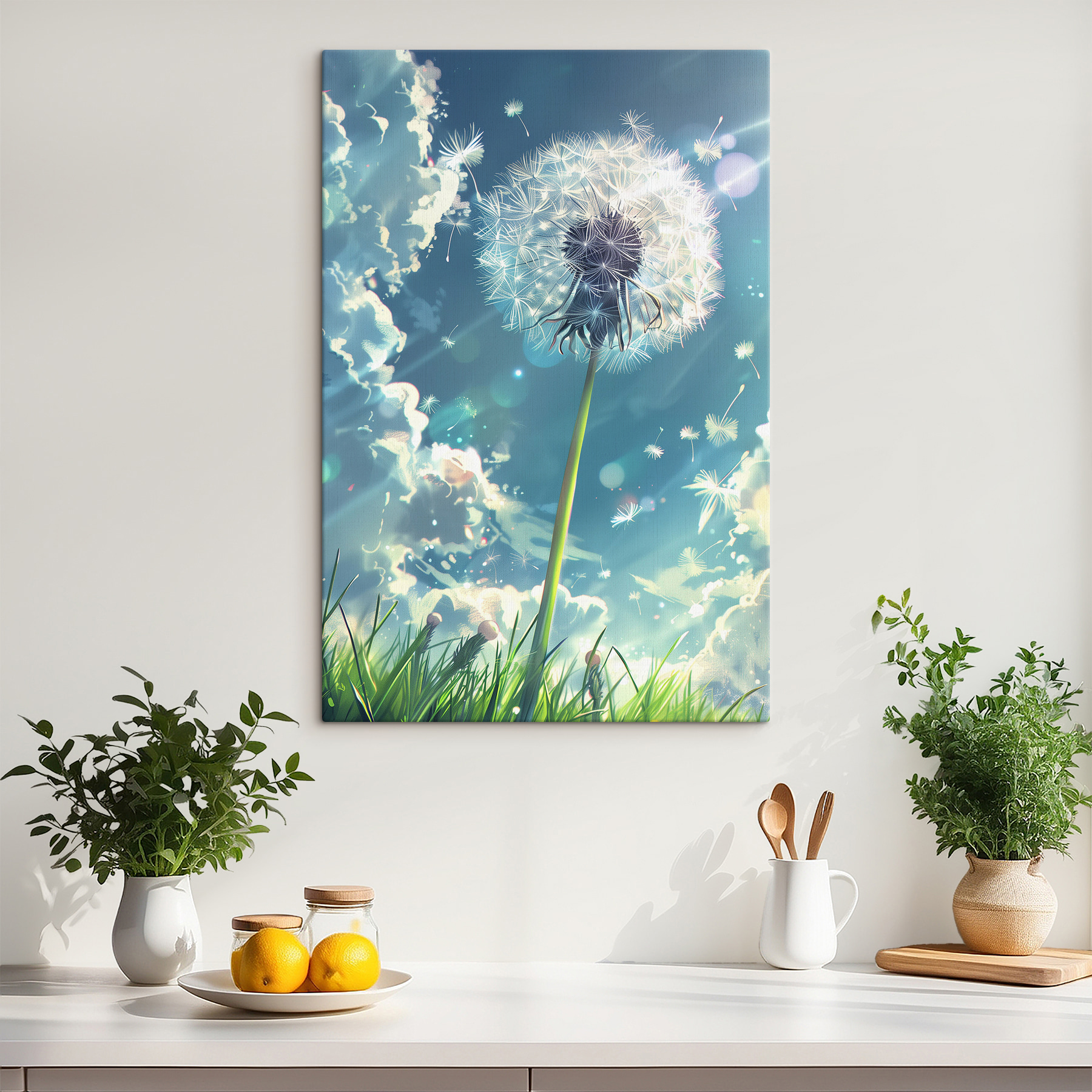 Dandelion with a blue sky and clouds
