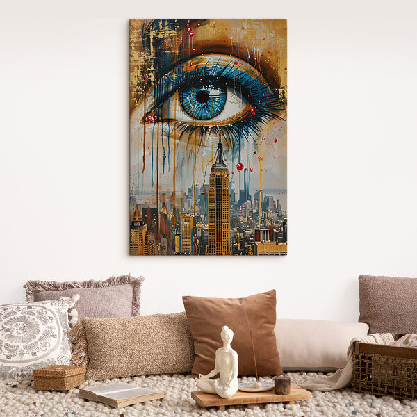 Quadri Dipinto raffigurante una città con un occhio blu e un grattacielo (COD: s39796) Quadri Quadri Dipinto raffigurante una città con un occhio blu e un grattacielo (COD: s39796)