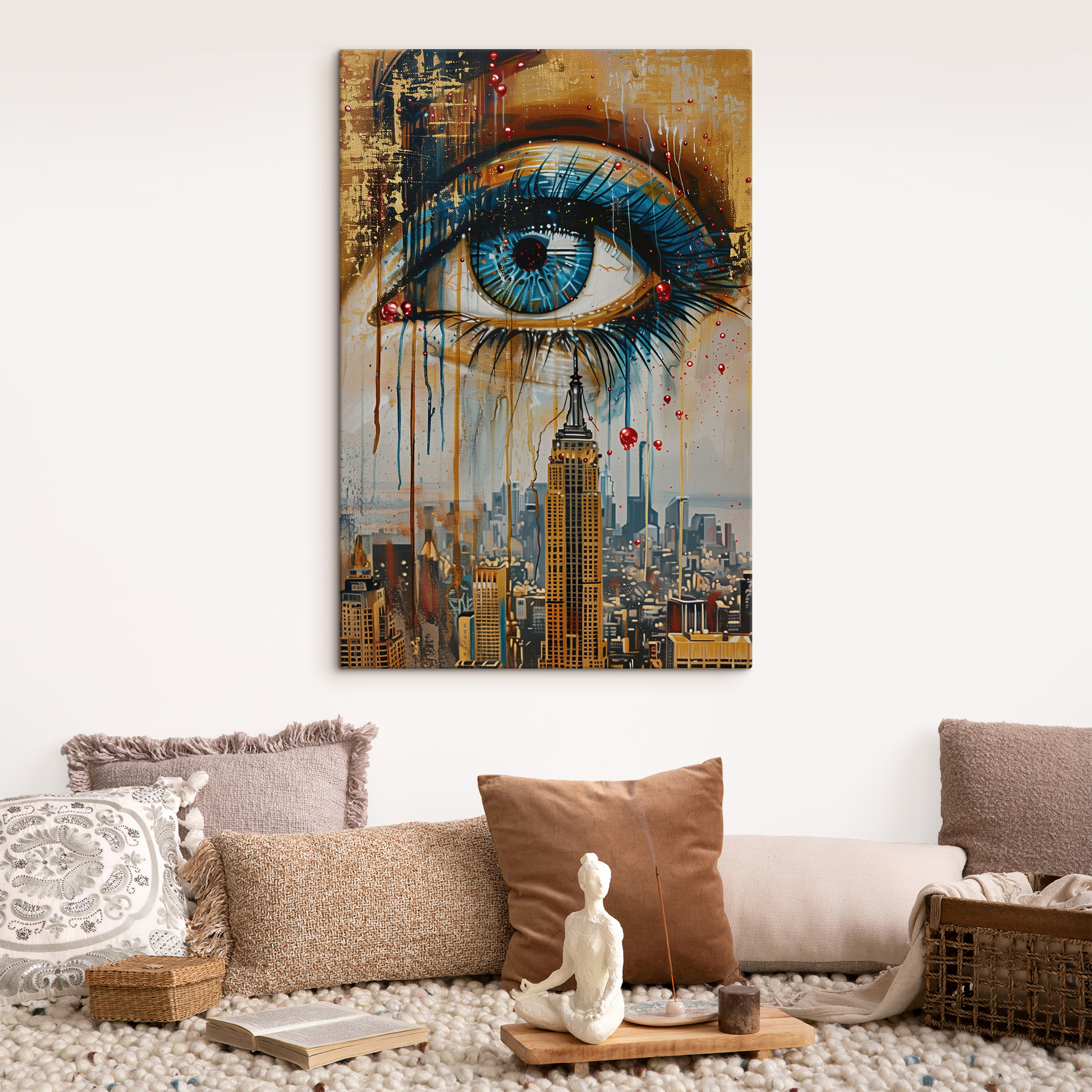 Painting of a city with a blue eye and a tall building Painting of a city with a blue eye and a tall building