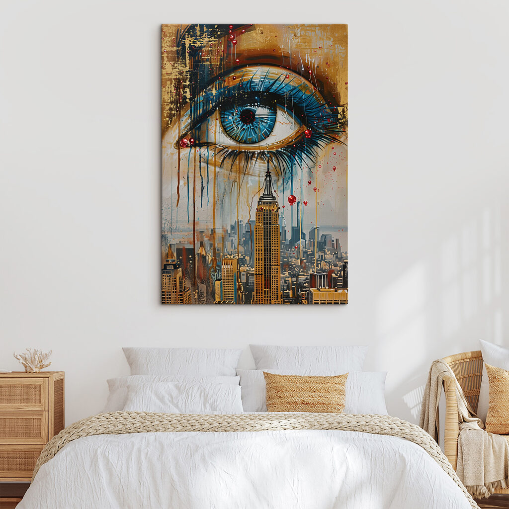 Painting of a city with a blue eye and a tall building Painting of a city with a blue eye and a tall building