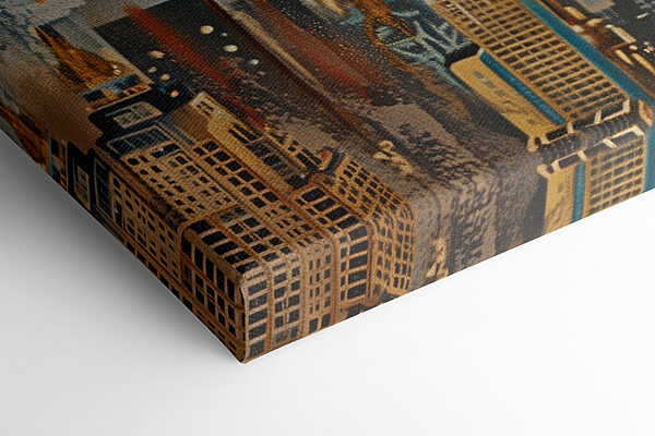 Painting of a city with a blue eye and a tall building Painting of a city with a blue eye and a tall building