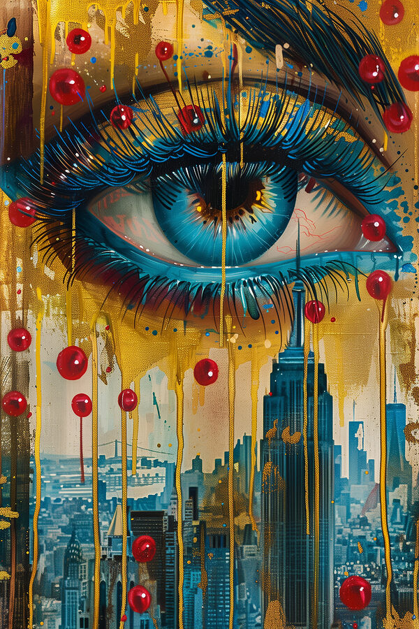 Painting of a woman's eye and cityscape Painting of a woman's eye and cityscape