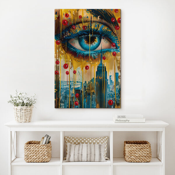 Quadri Dipinto raffigurante l'occhio di una donna e un panorama urbano (COD: s39797) Quadri Quadri Dipinto raffigurante l'occhio di una donna e un panorama urbano (COD: s39797)
