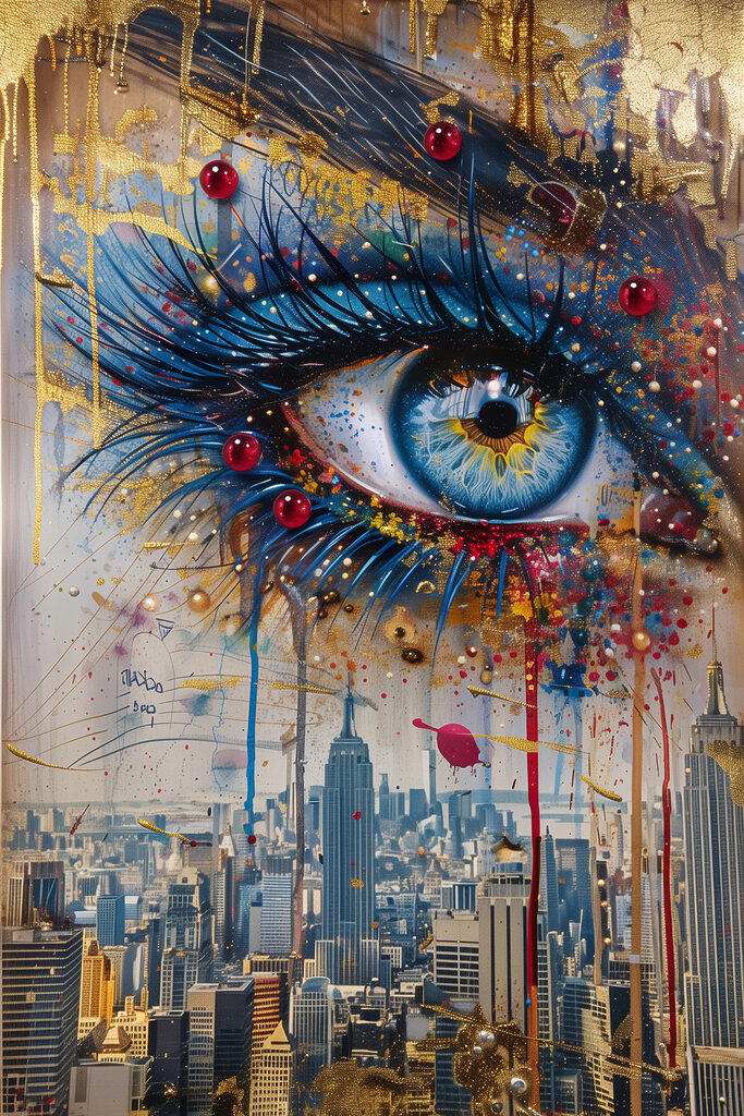 Painting of a woman's eye and a city Painting of a woman's eye and a city