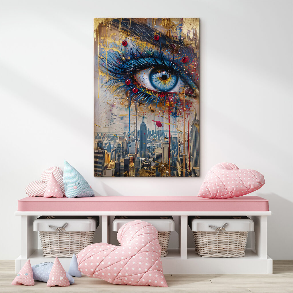 Painting of a woman's eye and a city Painting of a woman's eye and a city