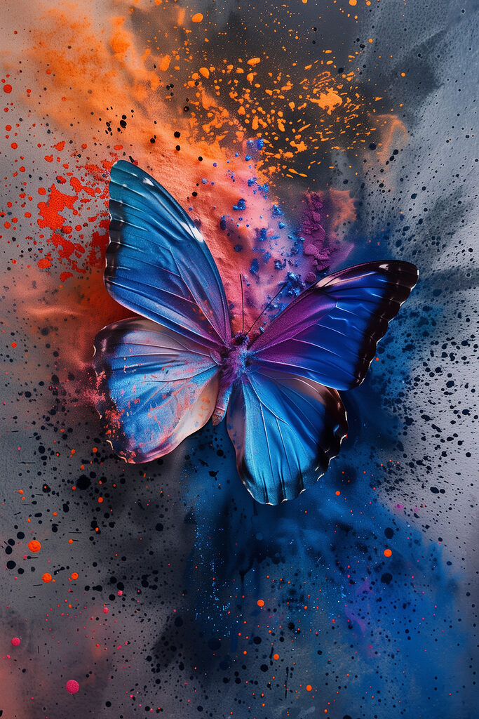 Butterfly with blue wings and colorful paint splashes