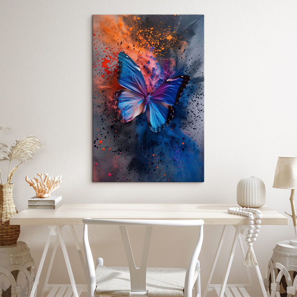 Butterfly with blue wings and colorful paint splashes