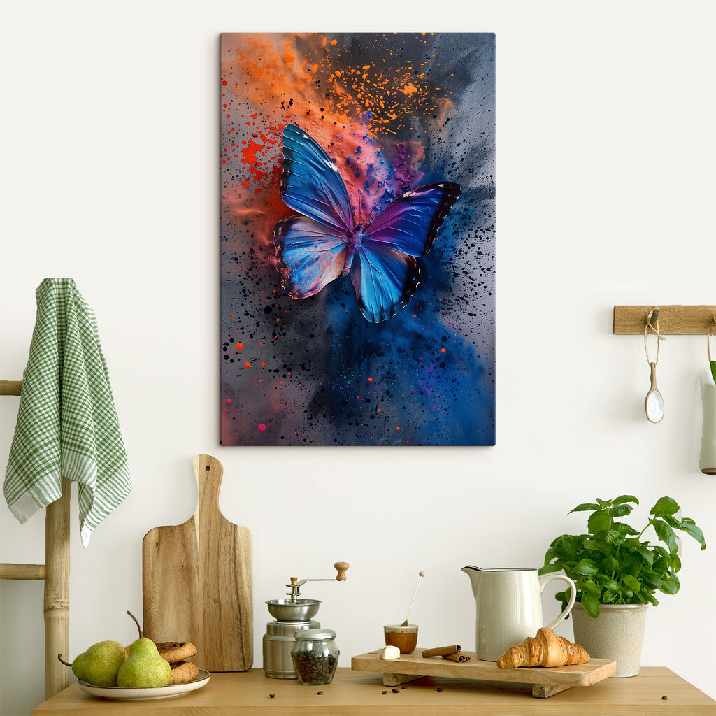 Butterfly with blue wings and colorful paint splashes