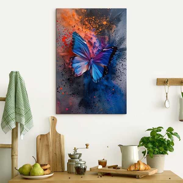 Butterfly with blue wings and colorful paint splashes