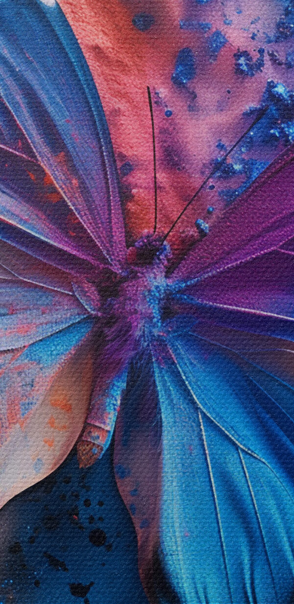 Butterfly with blue wings and colorful paint splashes