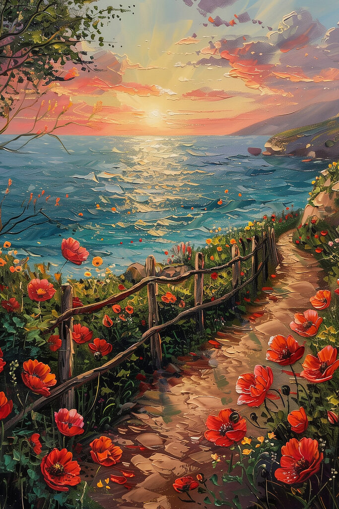 Painting of a path by the water with flowers