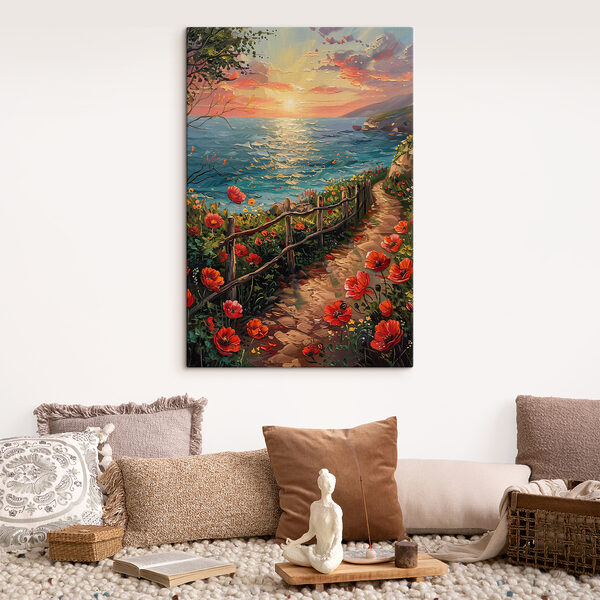 Painting of a path by the water with flowers