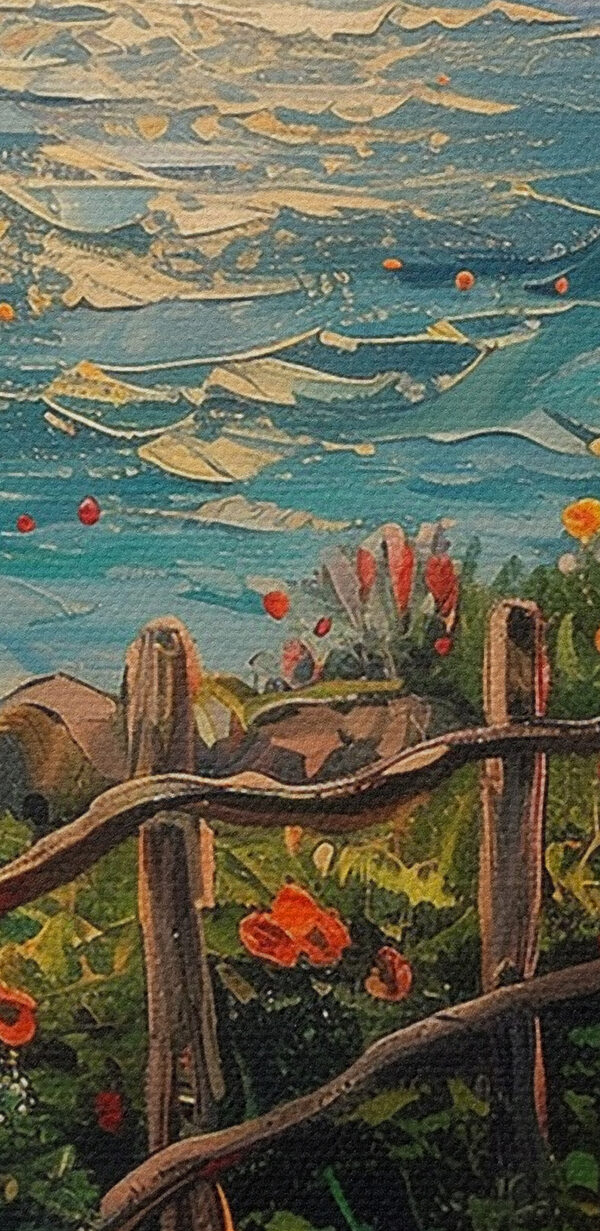 Painting of a path by the water with flowers