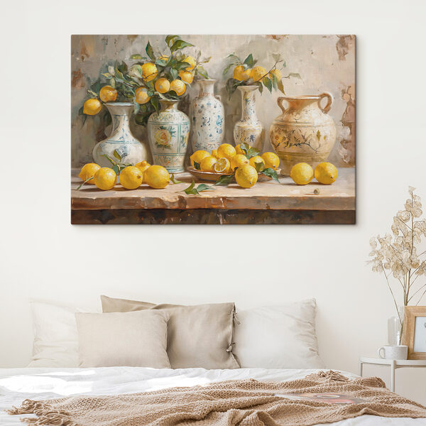 Painting of lemons and vases on a table