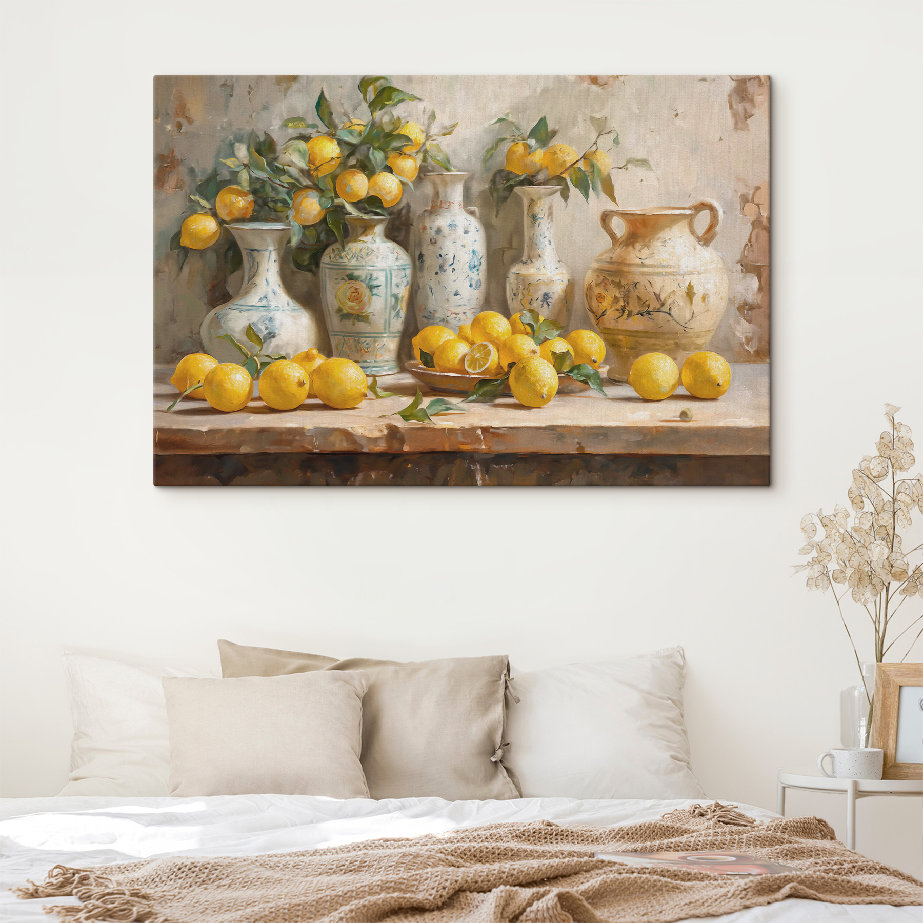 Painting of lemons and vases on a table