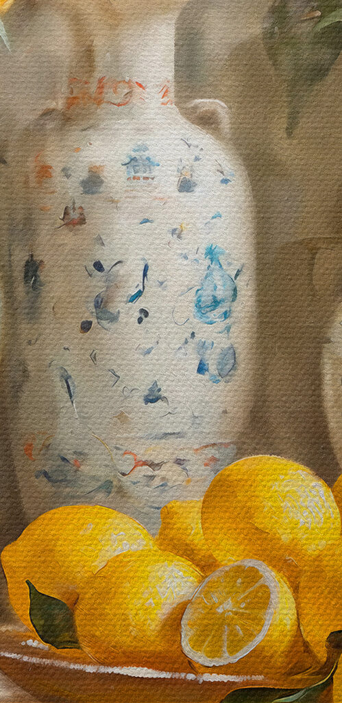 Painting of lemons and vases on a table