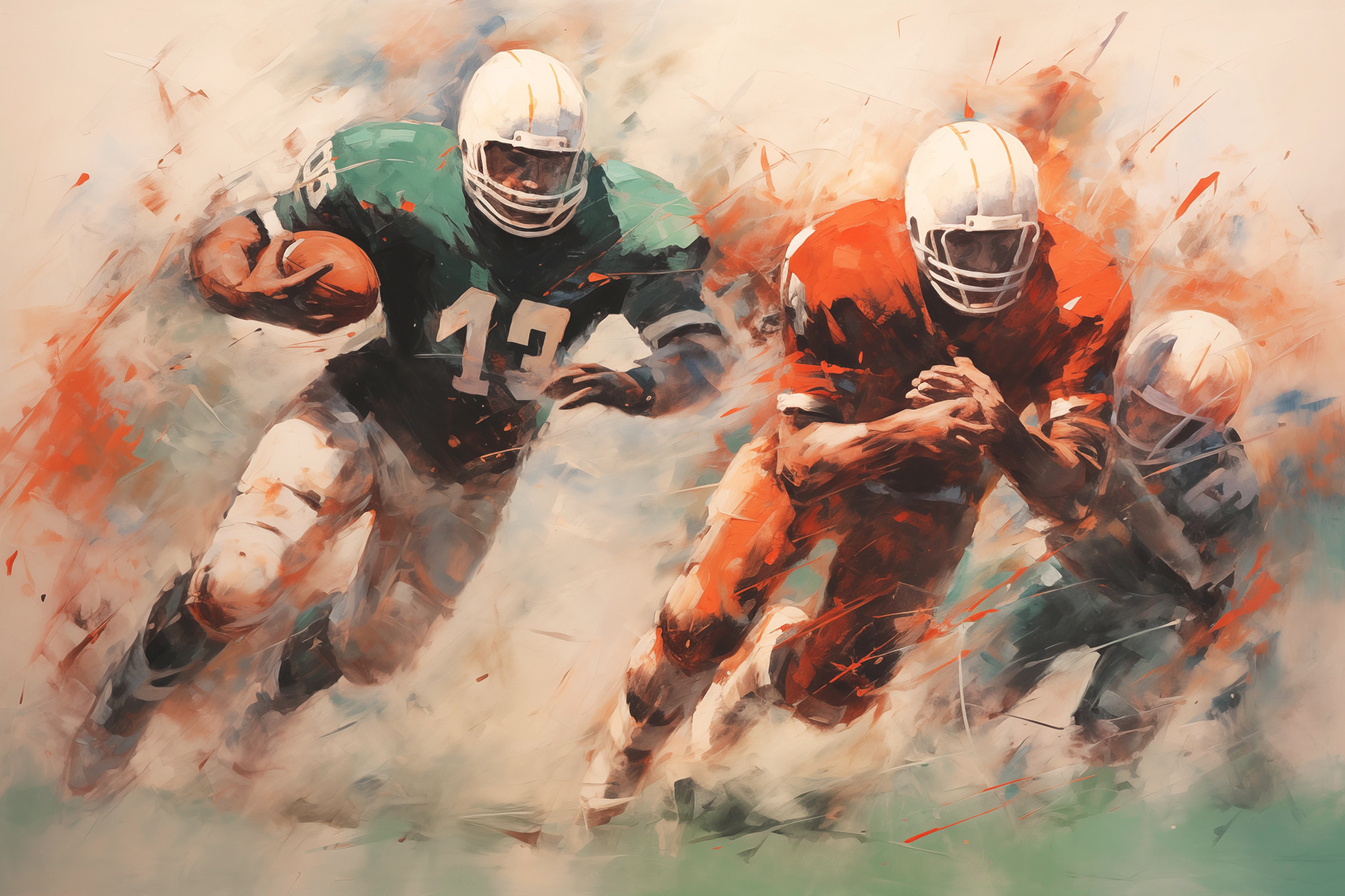 Painting of football players running with the ball Painting of football players running with the ball