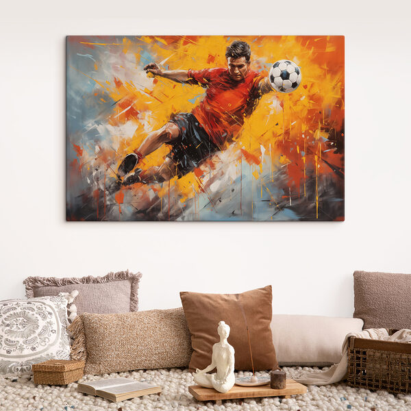 Quadri Un uomo con una maglietta rossa che calcia un pallone da calcio (COD: s39817) Quadri Quadri Un uomo con una maglietta rossa che calcia un pallone da calcio (COD: s39817)