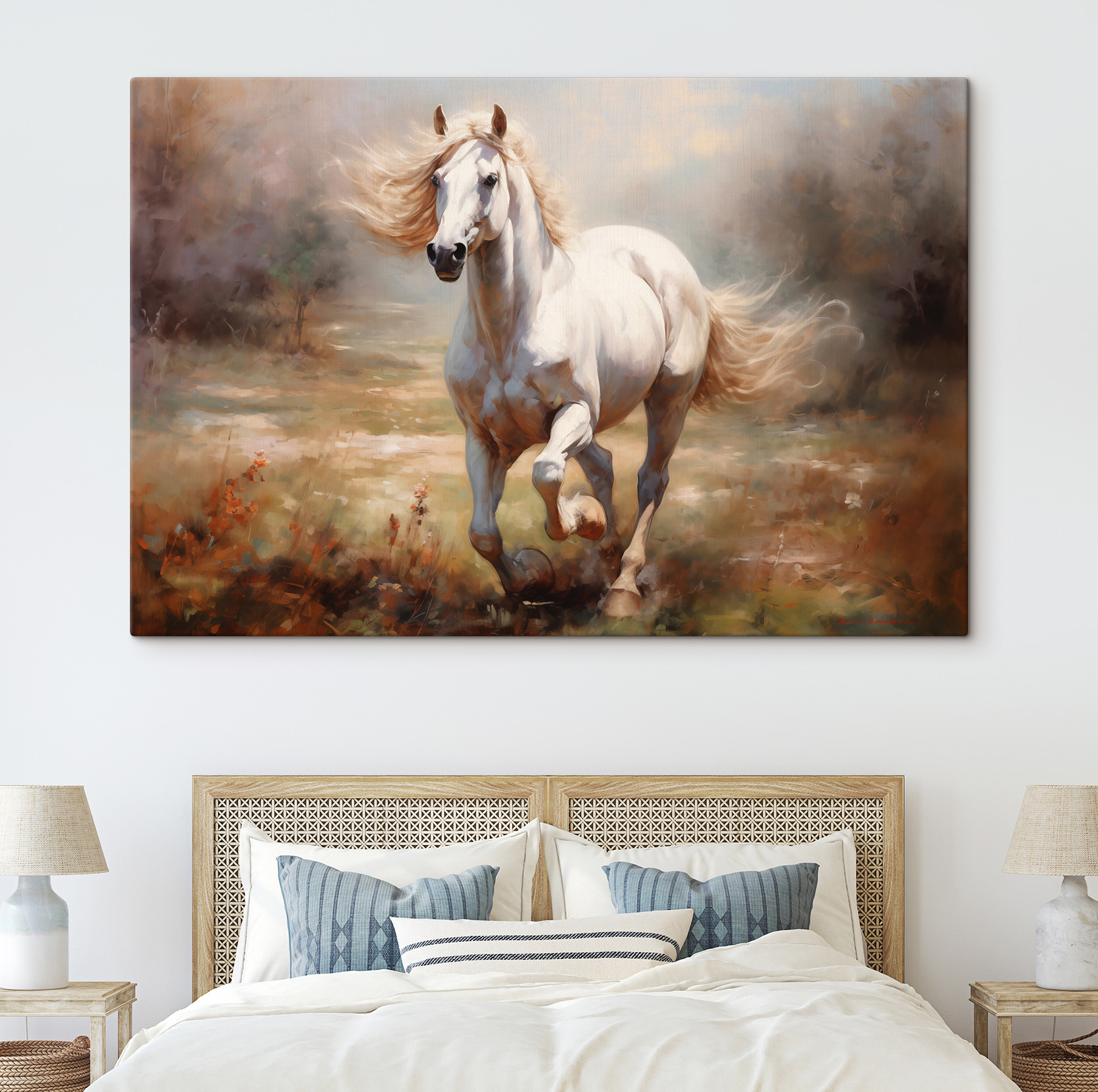White horse running in a field White horse running in a field