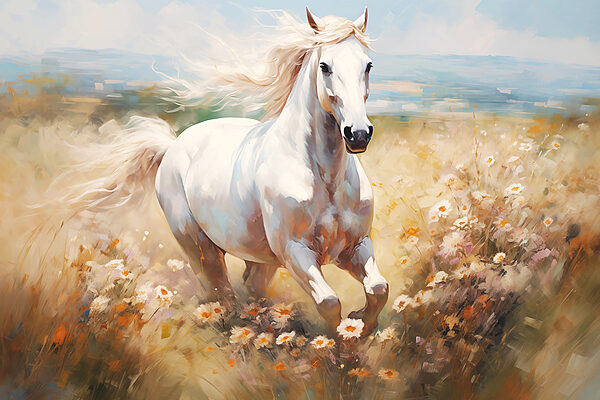 Cavallo bianco che corre in un campo di fiori Cavallo bianco che corre in un campo di fiori
