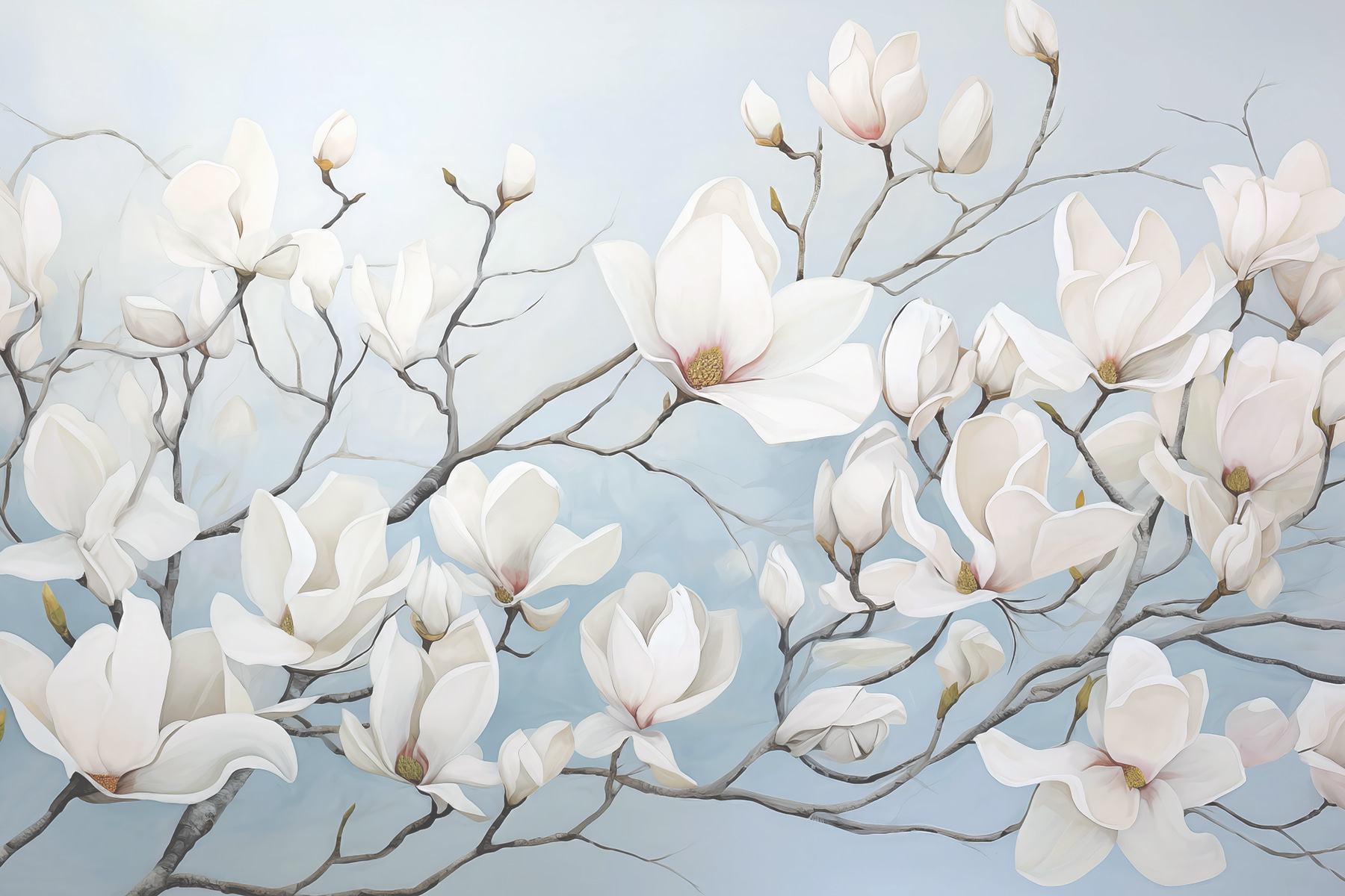 Painting of white flowers on a branch