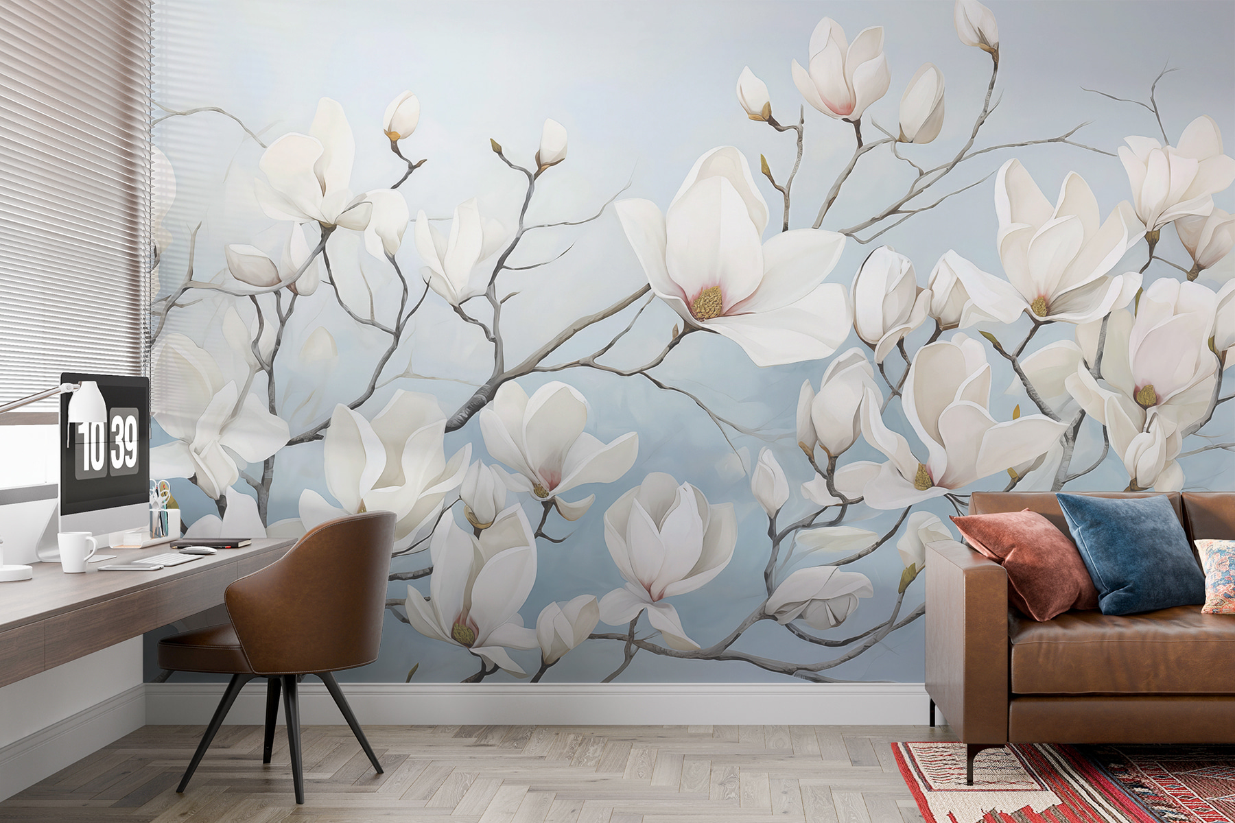 Painting of white flowers on a branch