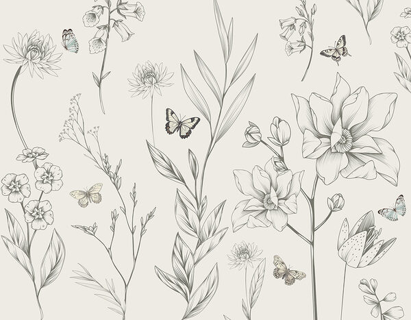 Carta da parati con fiori e farfalle Carta da parati con fiori e farfalle