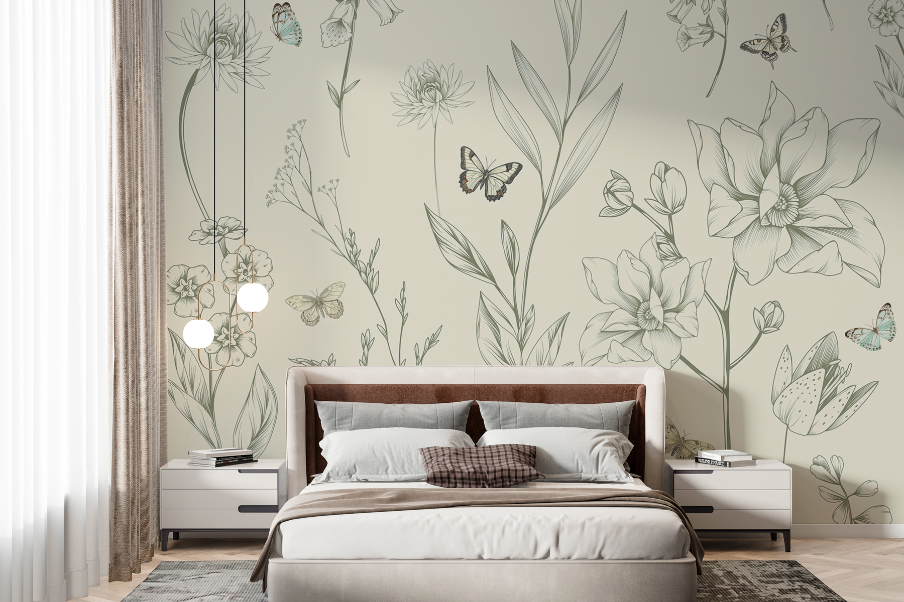 Wallpaper with flowers and butterflies