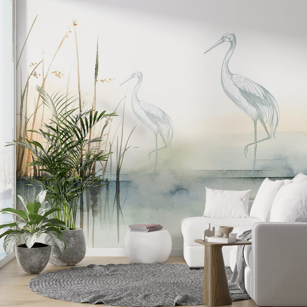 Drawing of birds standing on the water