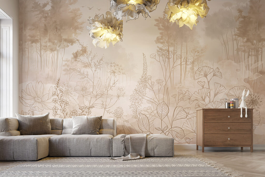 Foggy landscape with trees and plants